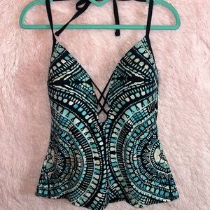 Kenneth Cole Black and Teal Patterned Tankini